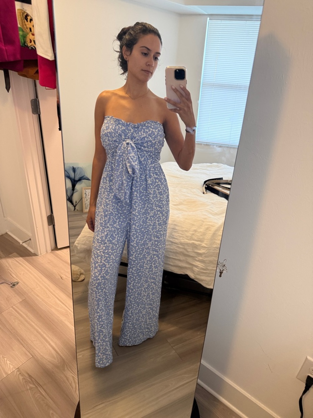 entro Light Blue Strapless Floral Tie-Front Jumpsuit